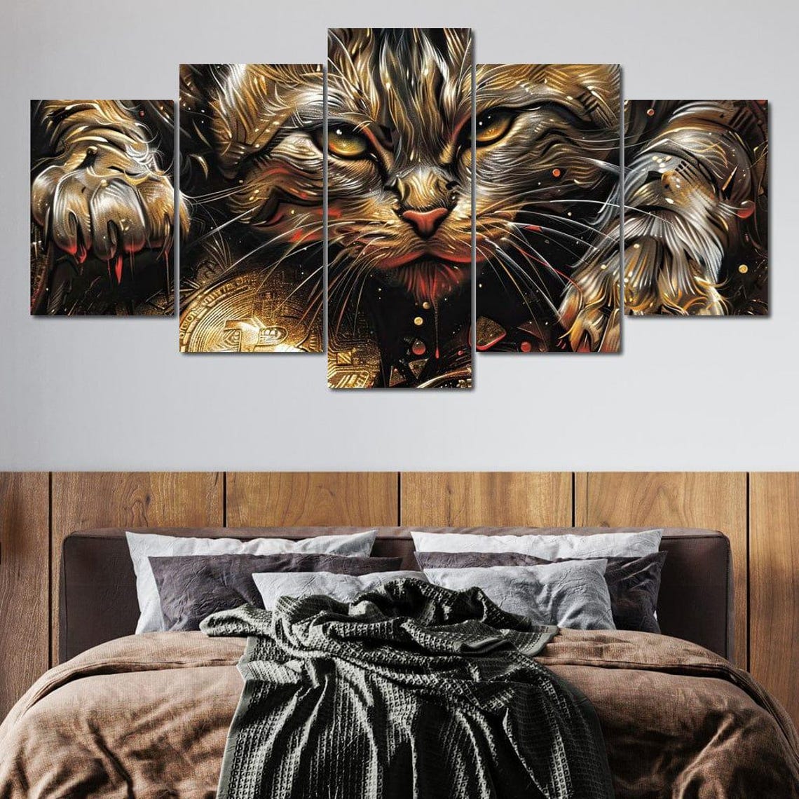 Golden Crypto Cat Guardian Bitcoin Coins Dramatic Feline Wall Art - Image 4