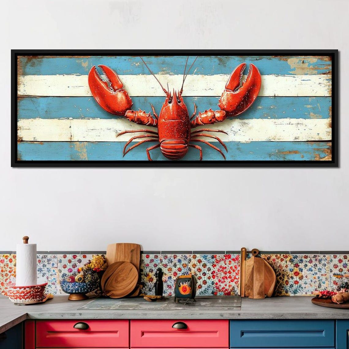 Red Lobster Blue White Striped Coastal Nautical Kitchen Wall Art - Image 4