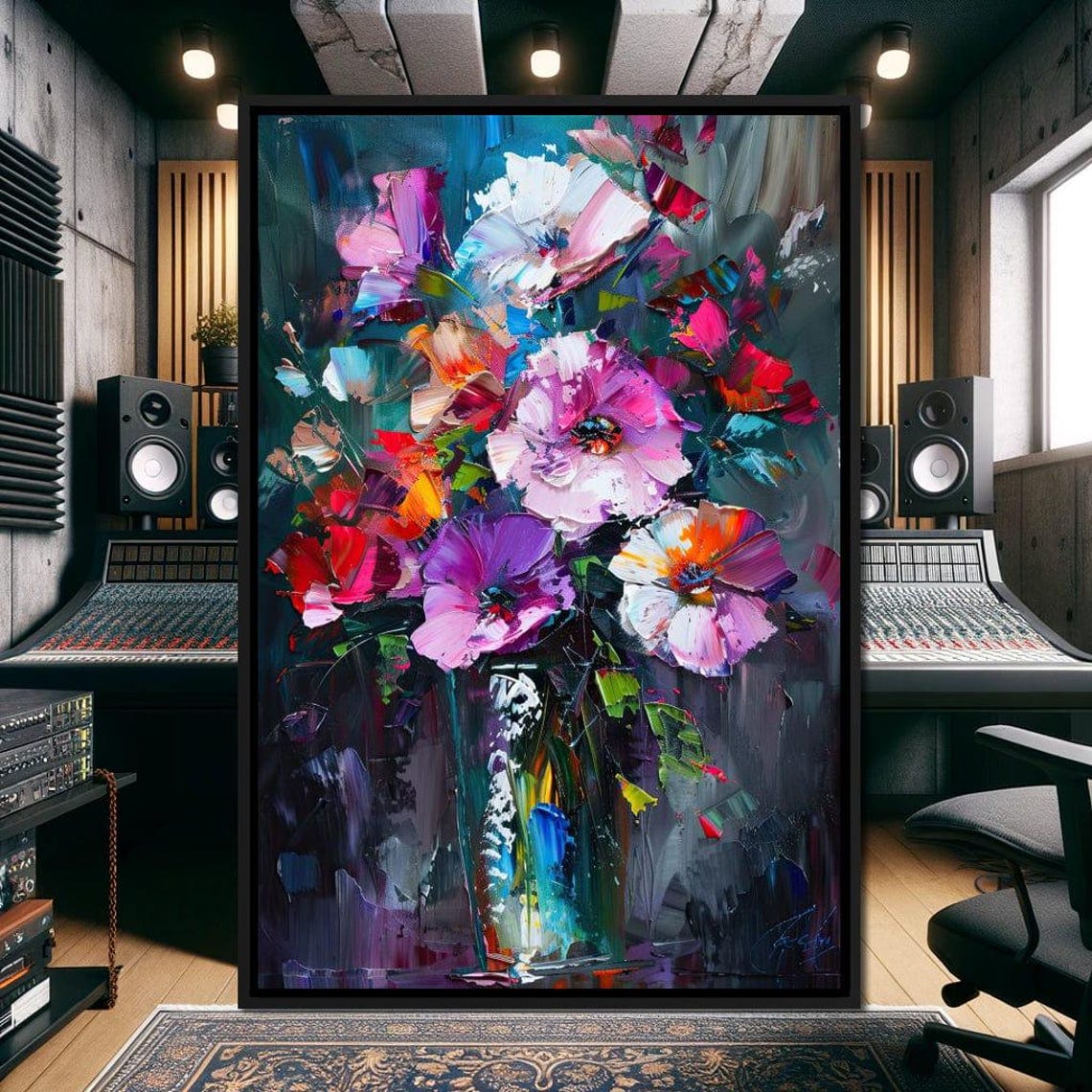 Colorful Bouquet Impasto Vase Flowers Dark Background Wall Art - Image 4