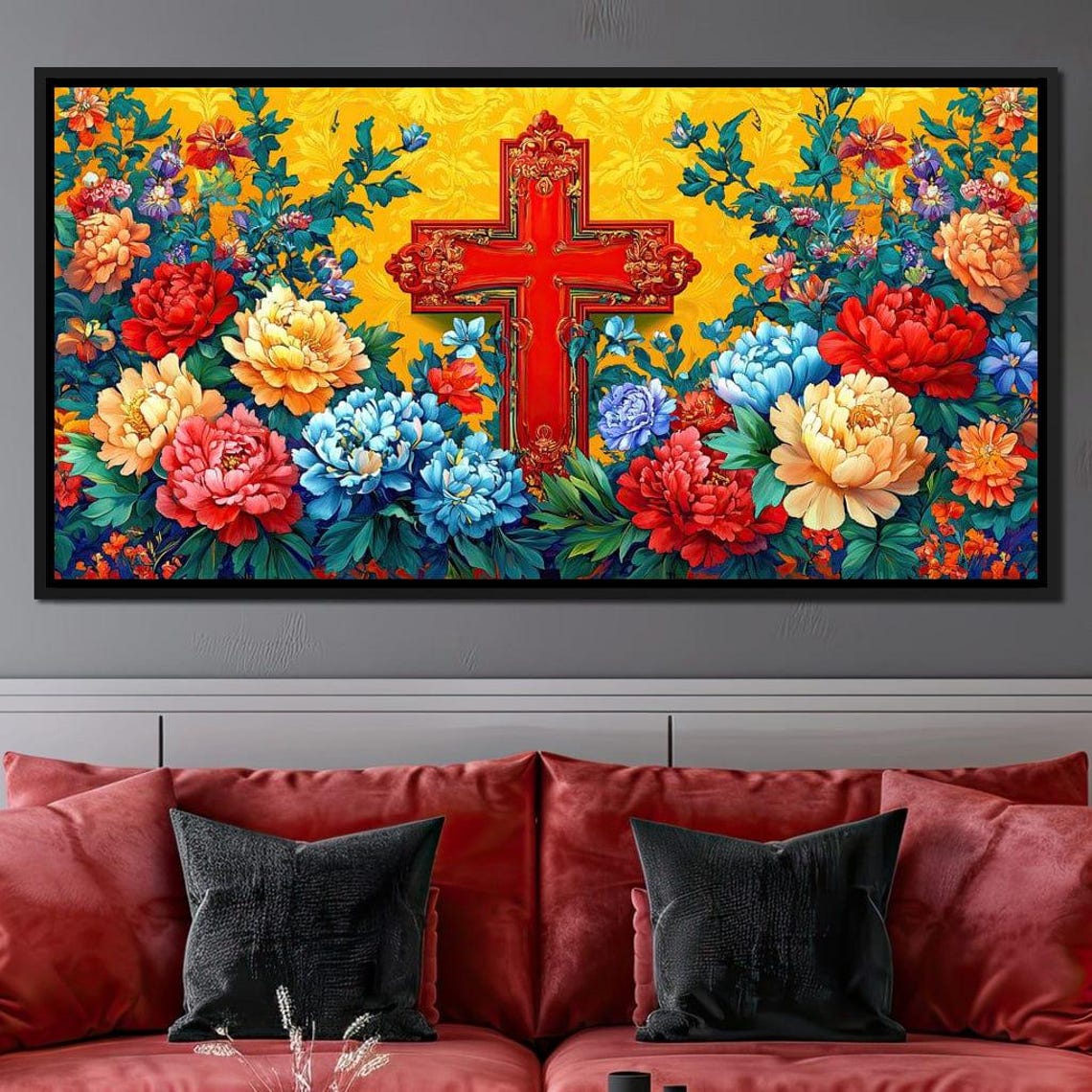 Red Cross Floral Peony Five Panel Christian Golden Wall Art Poster - Image 4