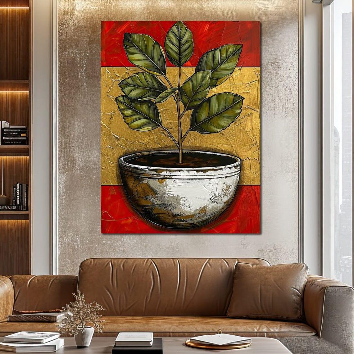 Potted Green Plant Gold Red Background Botanical Modern Art Print - Image 3
