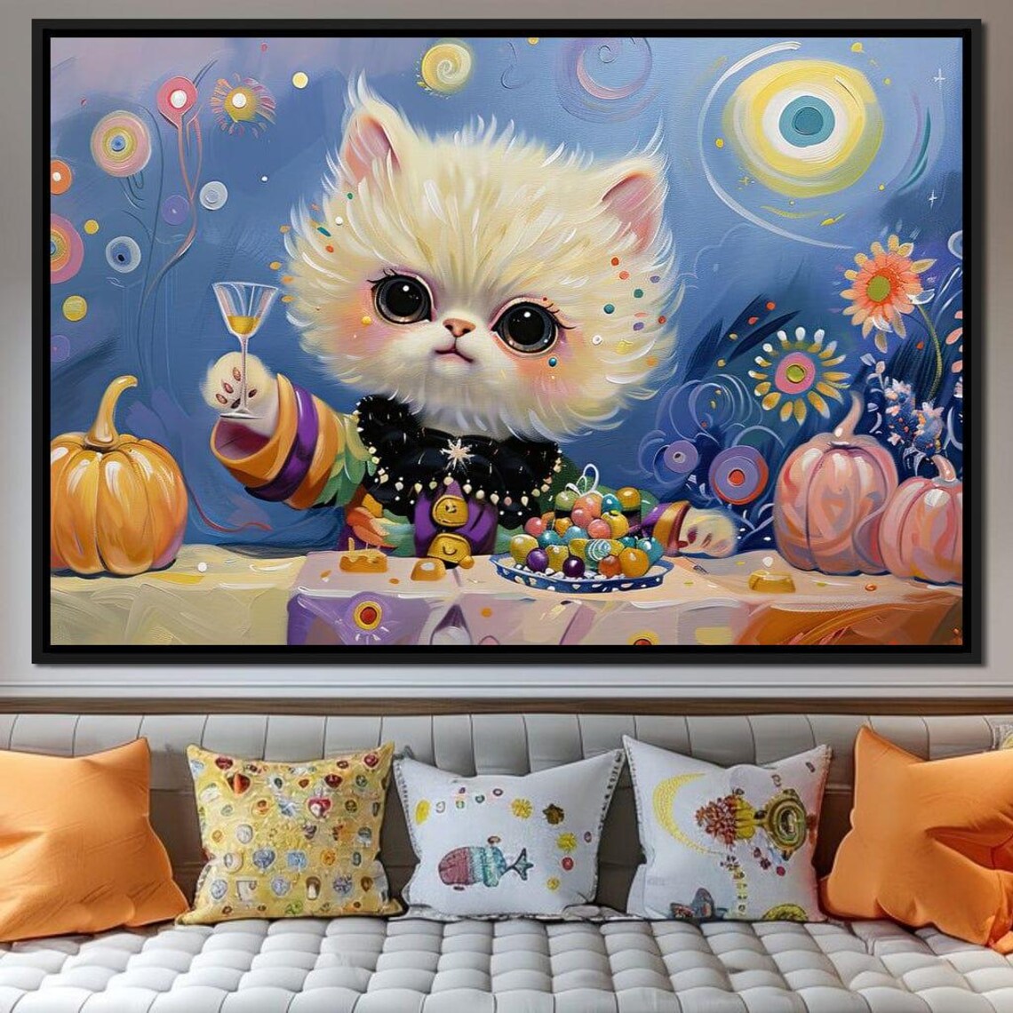 Festive White Kitten Pumpkin Party Colorful Whimsical Kids Wall Art Poster - Image 2