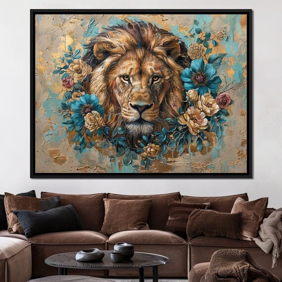 Majestic Lion Floral Wreath Portrait Teal Gold Botanical Regal Wildlife Wall Poster