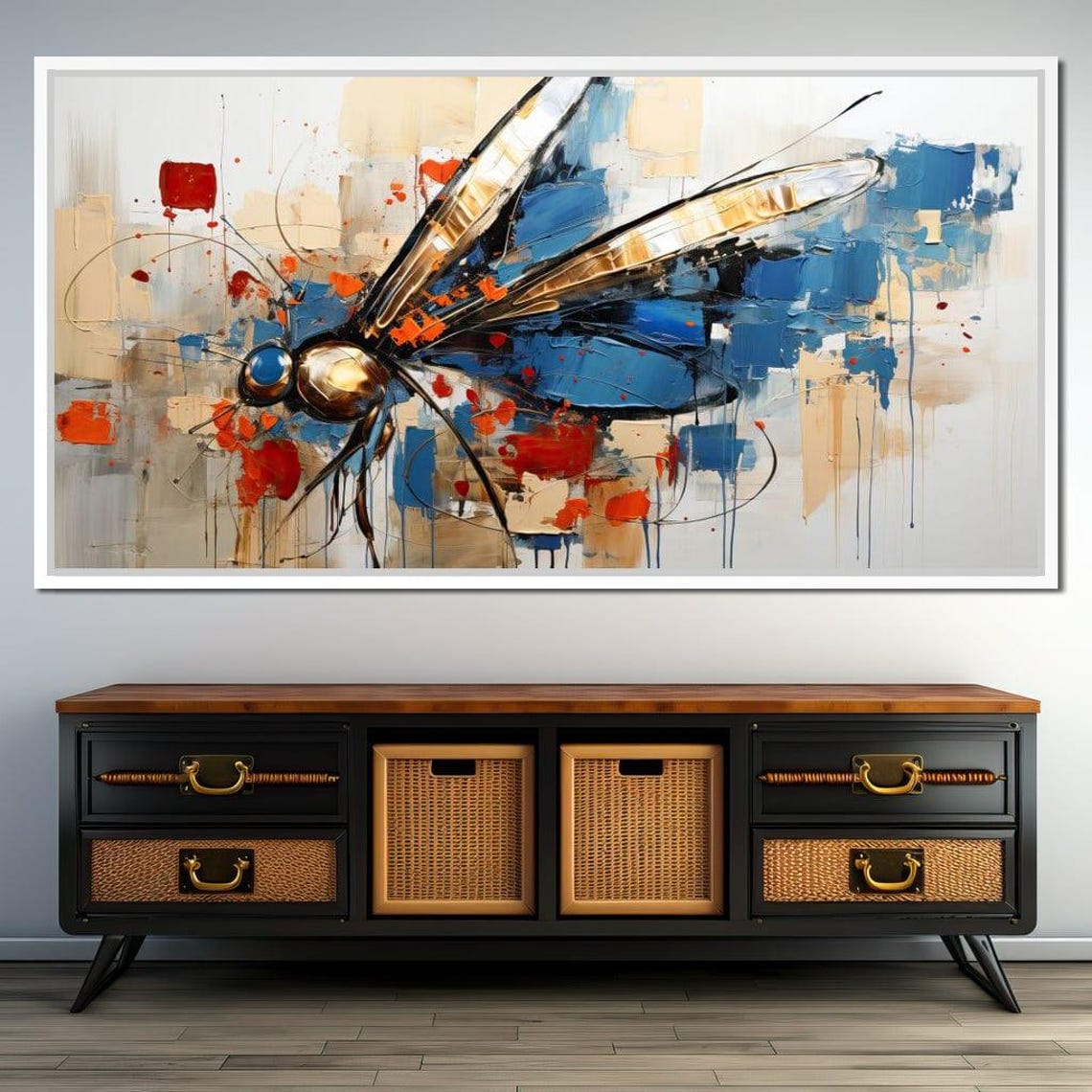 Golden Dragonfly Abstract Blue Red Impasto Insect Wall Art Poster - Image 3