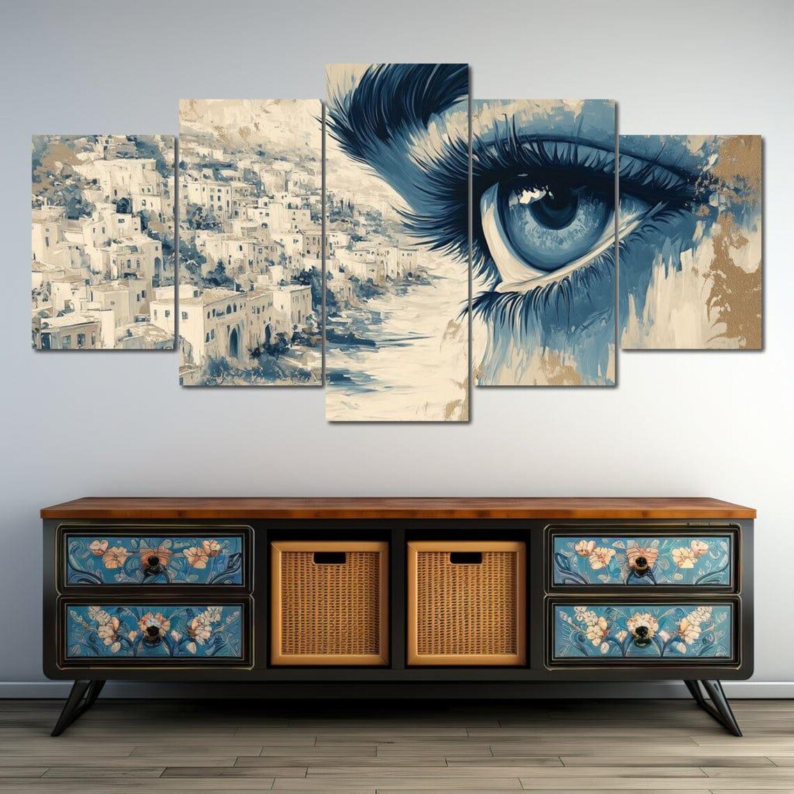 Watchful Blue Eye Coastal Hillside Town Surreal Beige Wall Art - Image 4