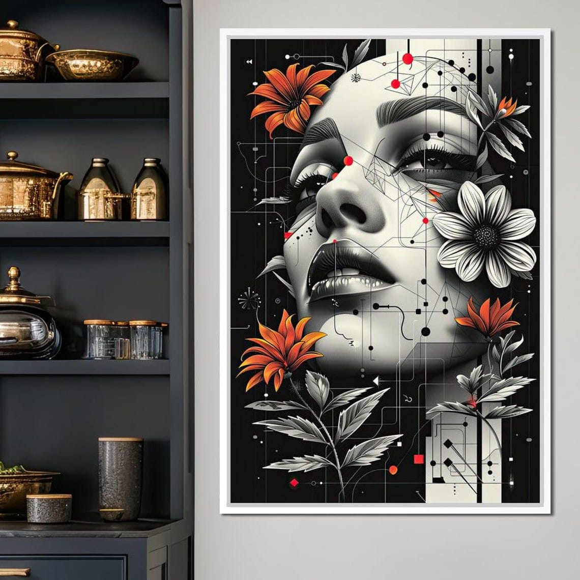 Futuristic Woman Portrait Orange Floral Geometric Black Wall Art - Image 4