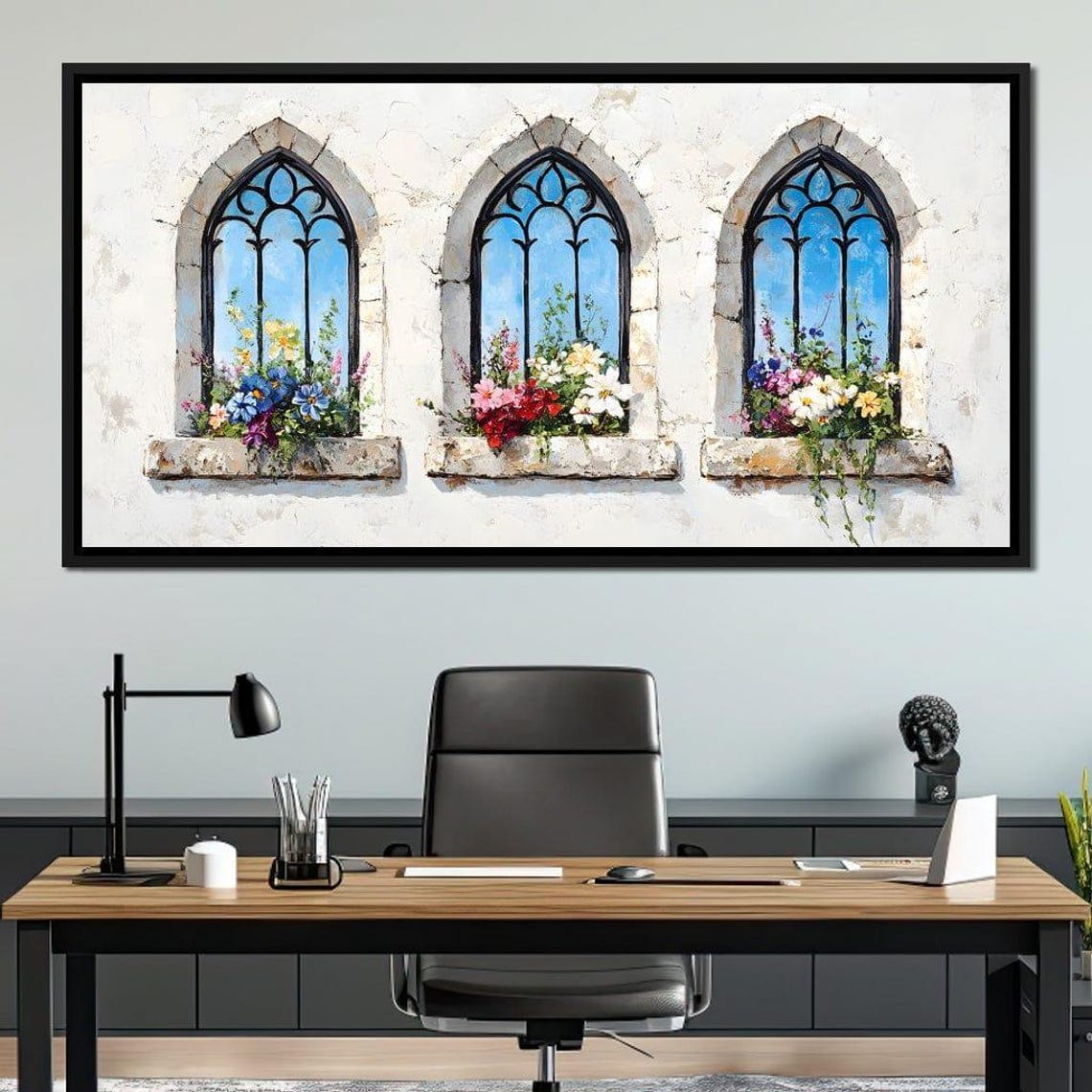 Three Gothic Arched Windows with Colorful Flower Boxes Poster