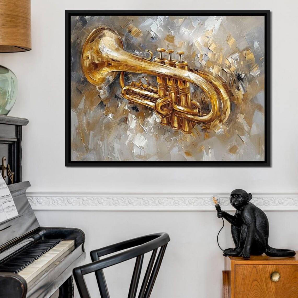 Golden Trumpet Brass Instrument Abstract Gray Background Music Art Poster - Image 4