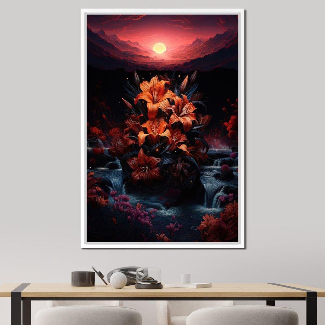 Fantasy Orange Lily Waterfall Sunset Moon Dreamy Landscape Poster - Image 4