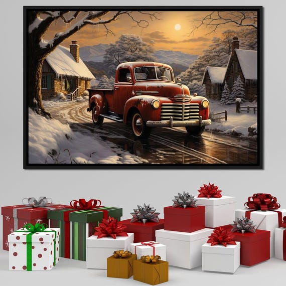 Old Red Truck Vintage Winter Farmhouse Classic Car Home Decor Snowy Landscape Art Holiday Truck Scene By Nichecanvas