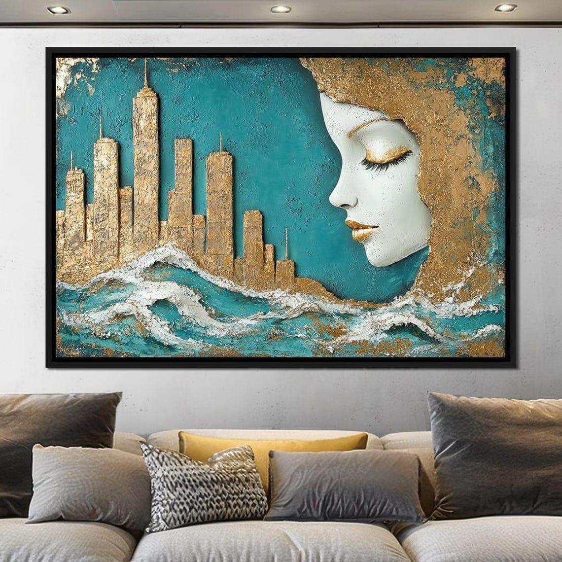 Gold City Skyline Teal Waves White Woman Profile Surreal Dream Poster