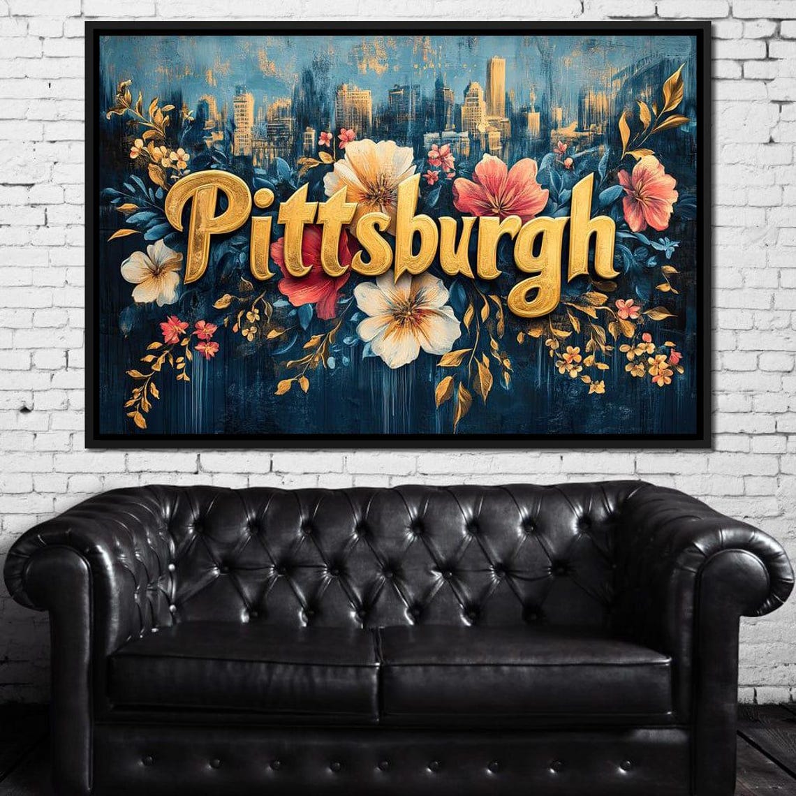 Pittsburgh Floral Gold Lettering Skyline Botanical Night Art Poster
