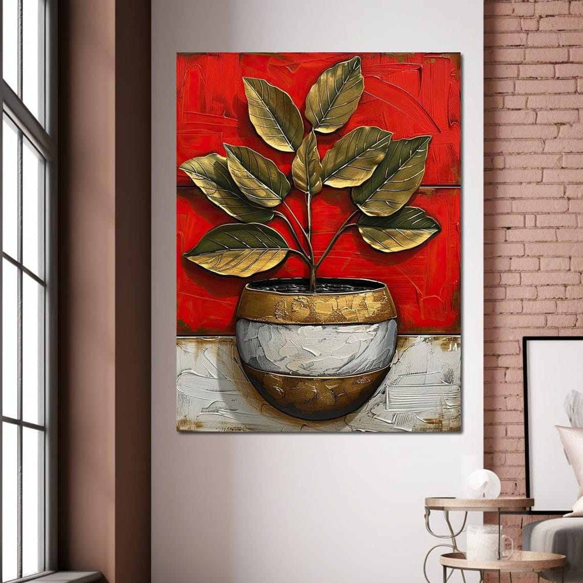 Golden Leaves Red Background Botanical Art Print Modern Plant Decor - Image 3