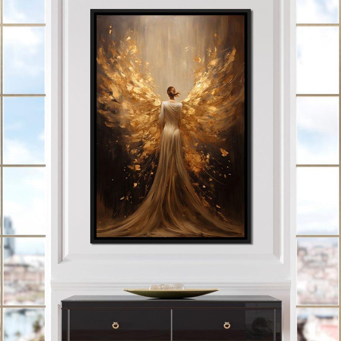 Golden Angel Wings Woman Flowing White Gown Divine Light Art Print