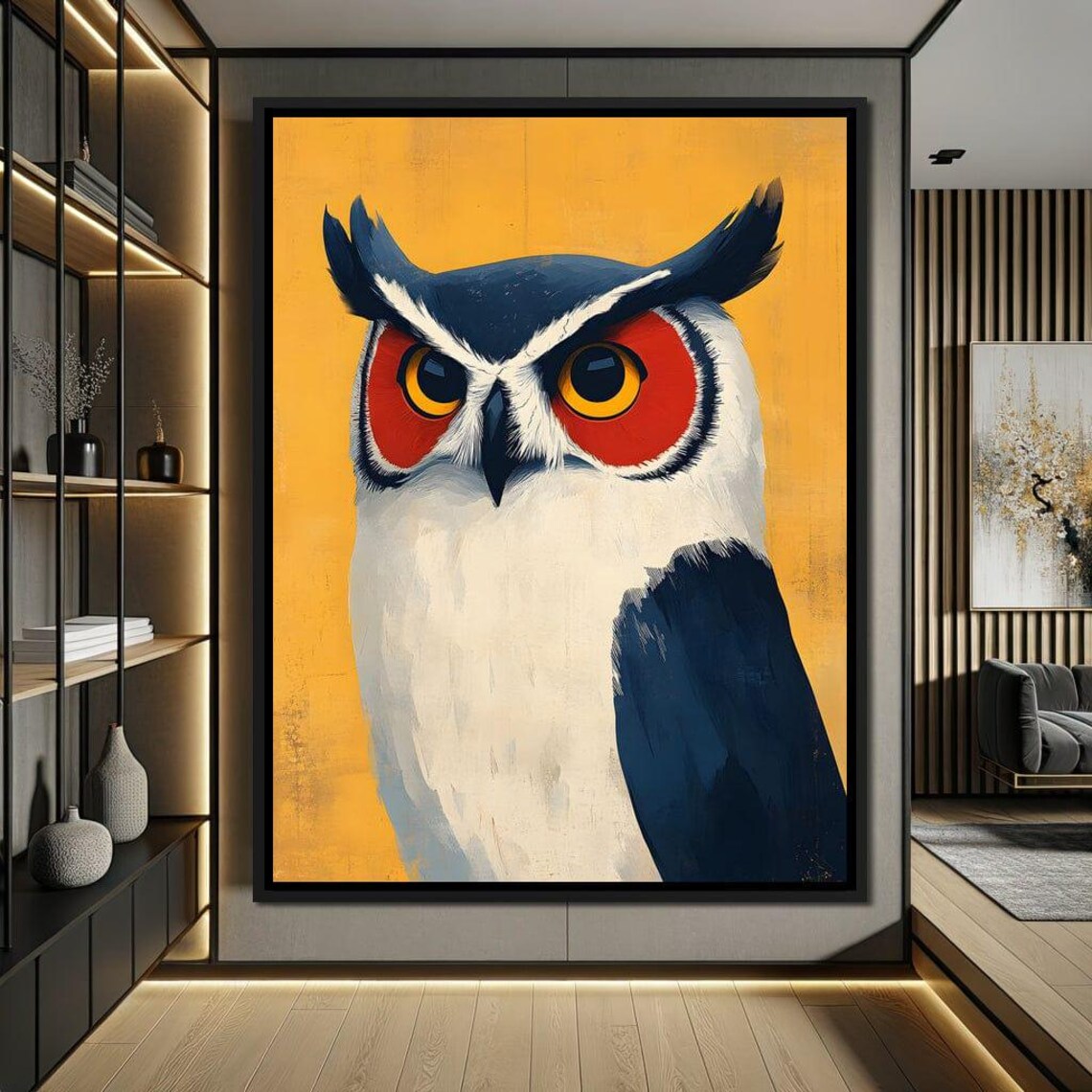 Bold Owl Portrait with Red Ringed Eyes on Golden Yellow Poster