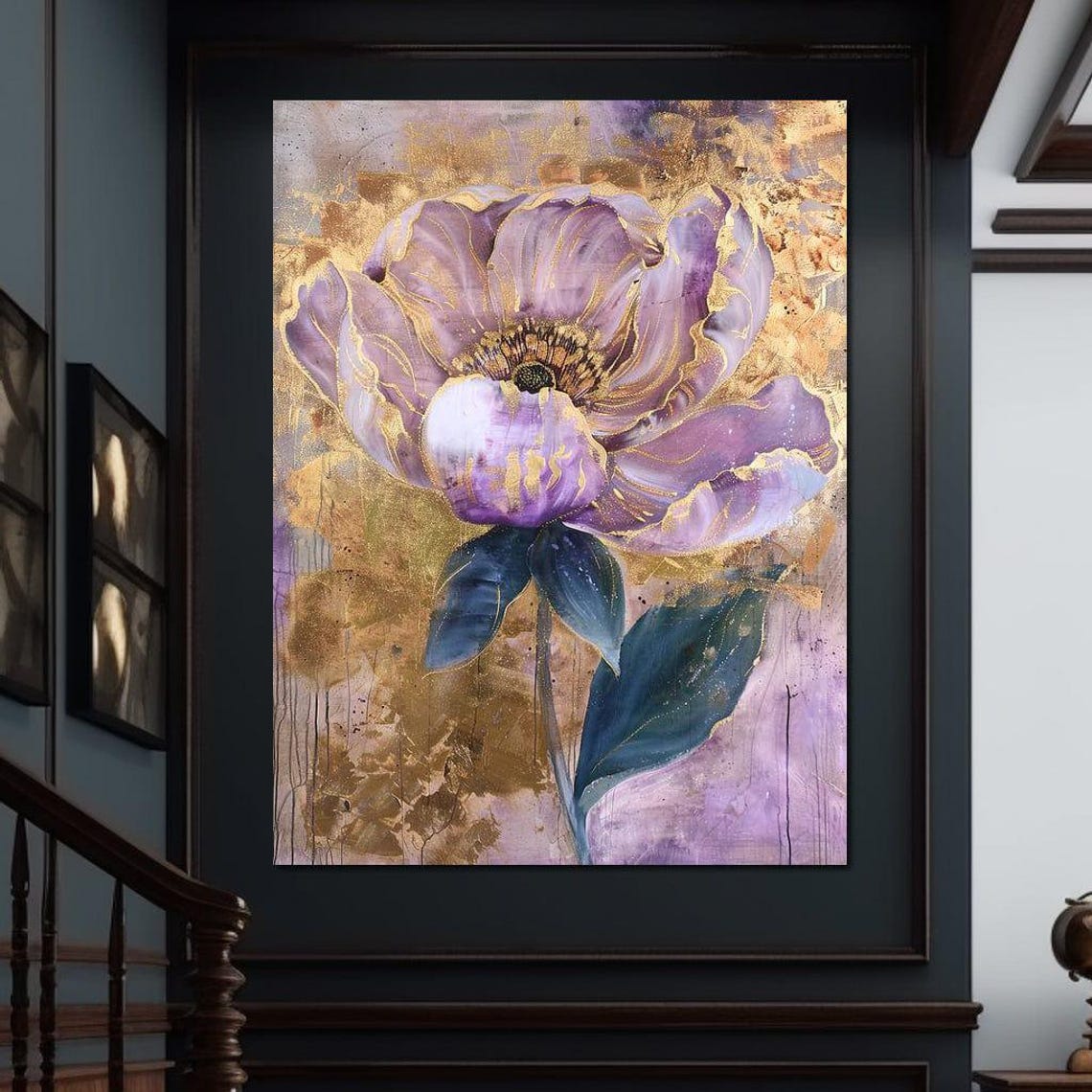 Modern Violet Flower With Gold Accents Abstract Floral Wall Art Print - Image 3
