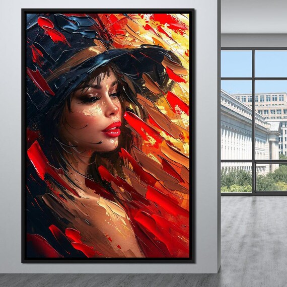 Passion in Red Black Gold Expressive Hat Beauty Portrait Wall Art