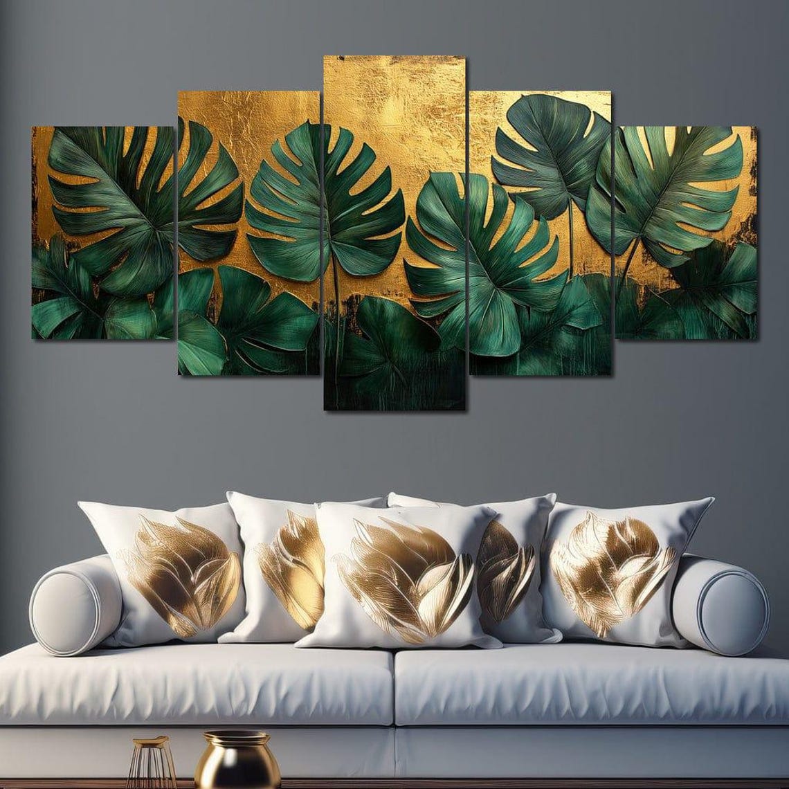 Deep Green Monstera Row Gold Leaf Background Luxe Botanical Wall Art - Image 3