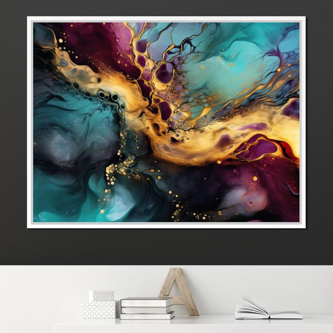 Turquoise Gold Purple Fluid Marble Five Panel Abstract Wall Art - Image 4