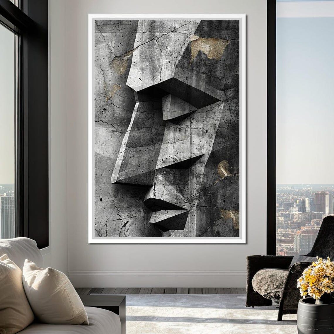Monochrome Geometric Stone Face Cracked Concrete Texture Art Poster - Image 2