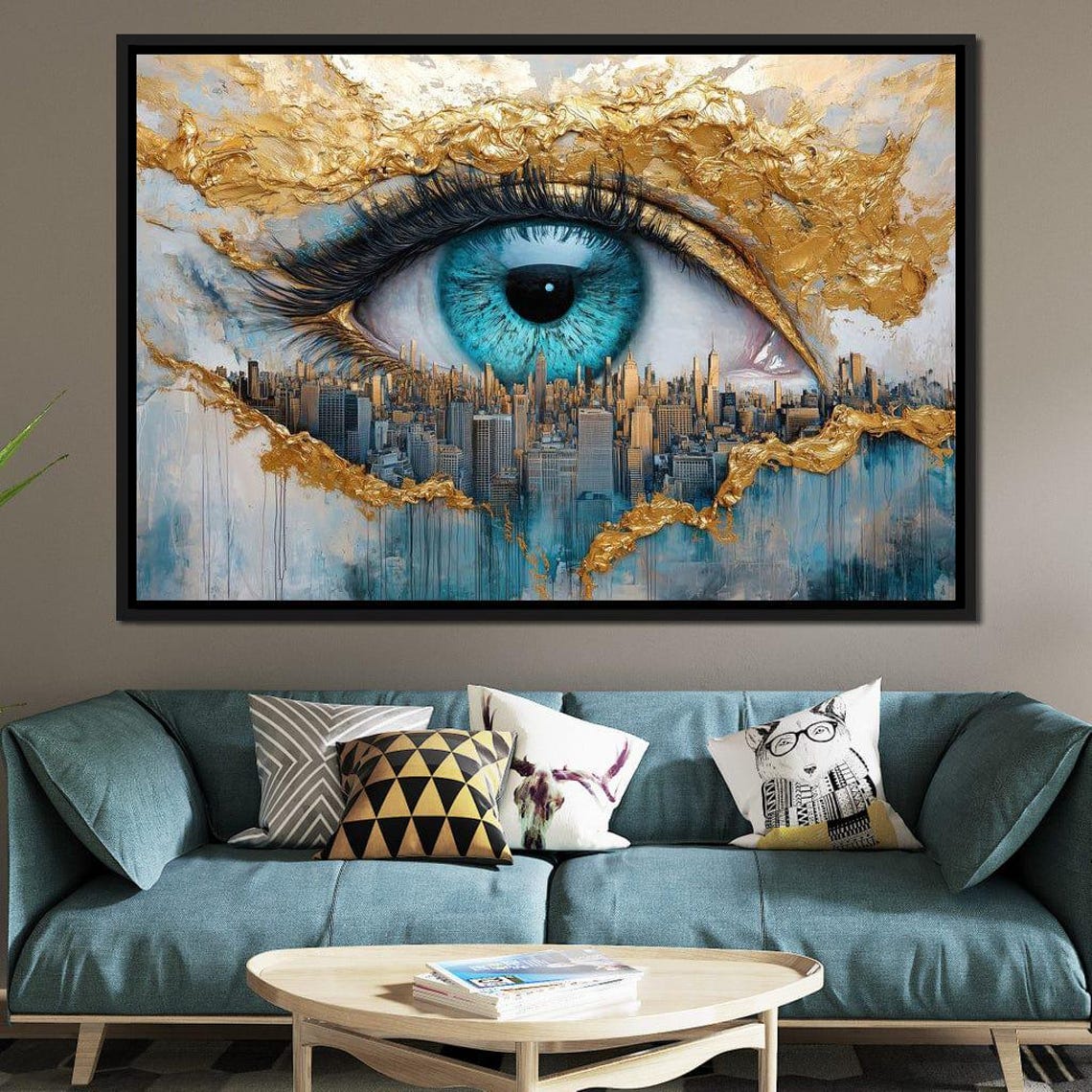 Golden Turquoise Eye Over City Skyline Multi Panel Luxury Wall Art - Image 2