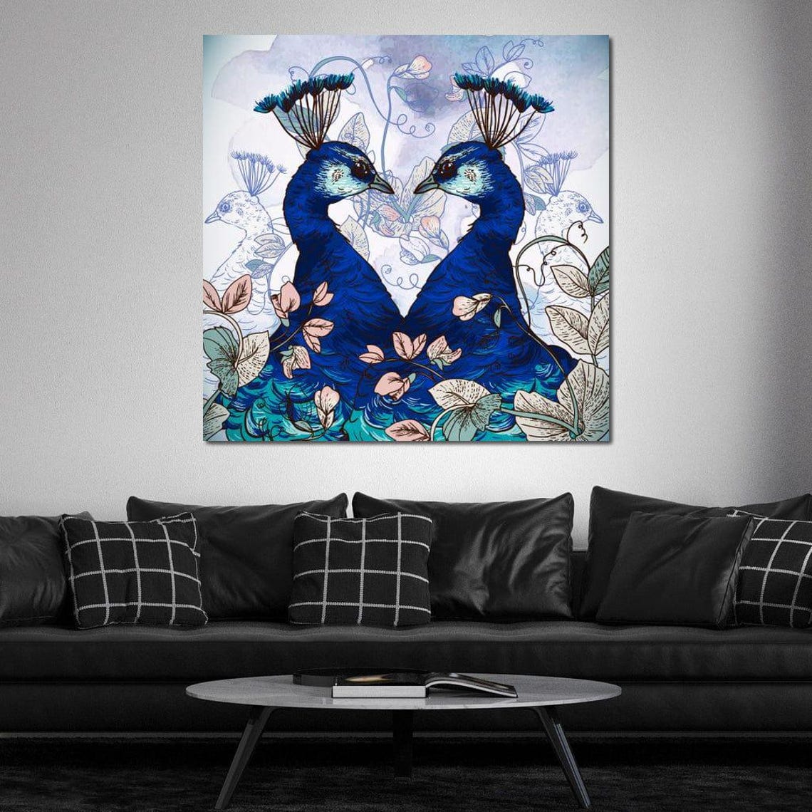 Blue Floral Peacocks Art Print - Image 2