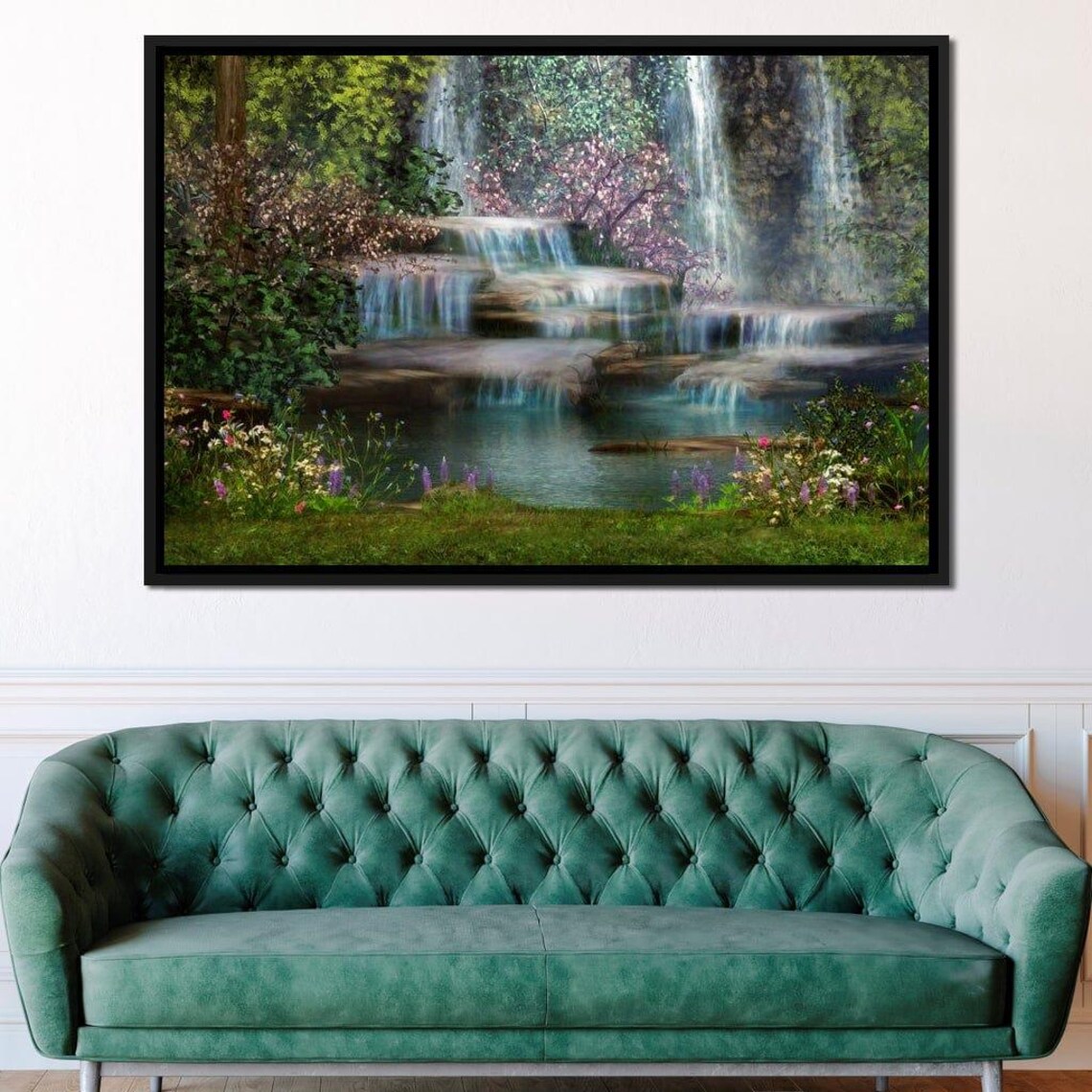 Fairy Cascade Waterfall Art Enchanted Forest Wall Art Serene Waterfall Painting Tranquil Nature Scene Decor By Nichecanvas - Image 2