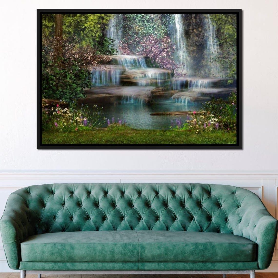 Forest Waterfall Painting Tranquil Cascading Falls Garden Wall Art - Image 2