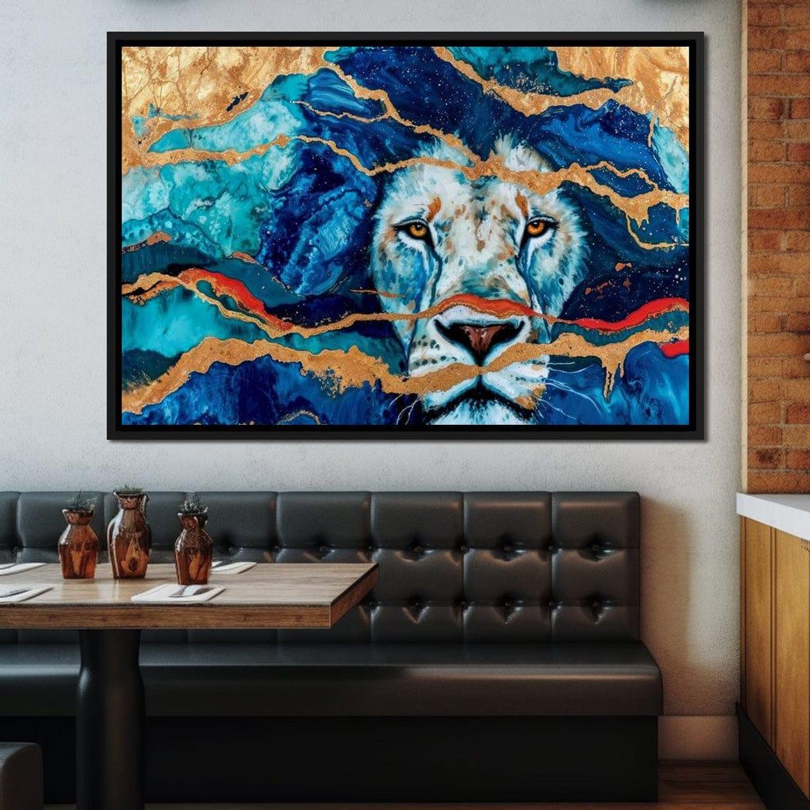 Abstract Lion Face Blue Gold Waves Majestic Wildlife Art Print Decor - Image 2