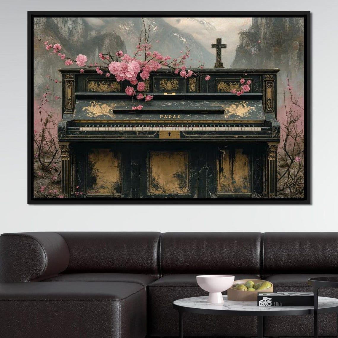 Antique Upright Piano Pink Cherry Blossoms Mountain Scene Art Poster - Image 4