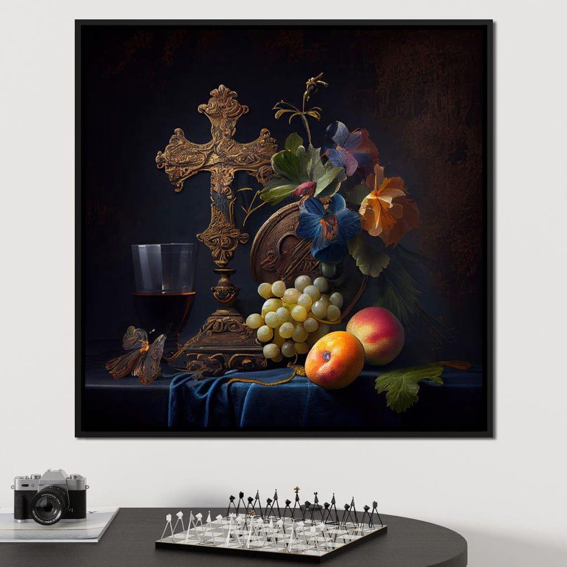 Baroque Gold Cross Still Life With Grapes Wine Dark Classic Art Poster