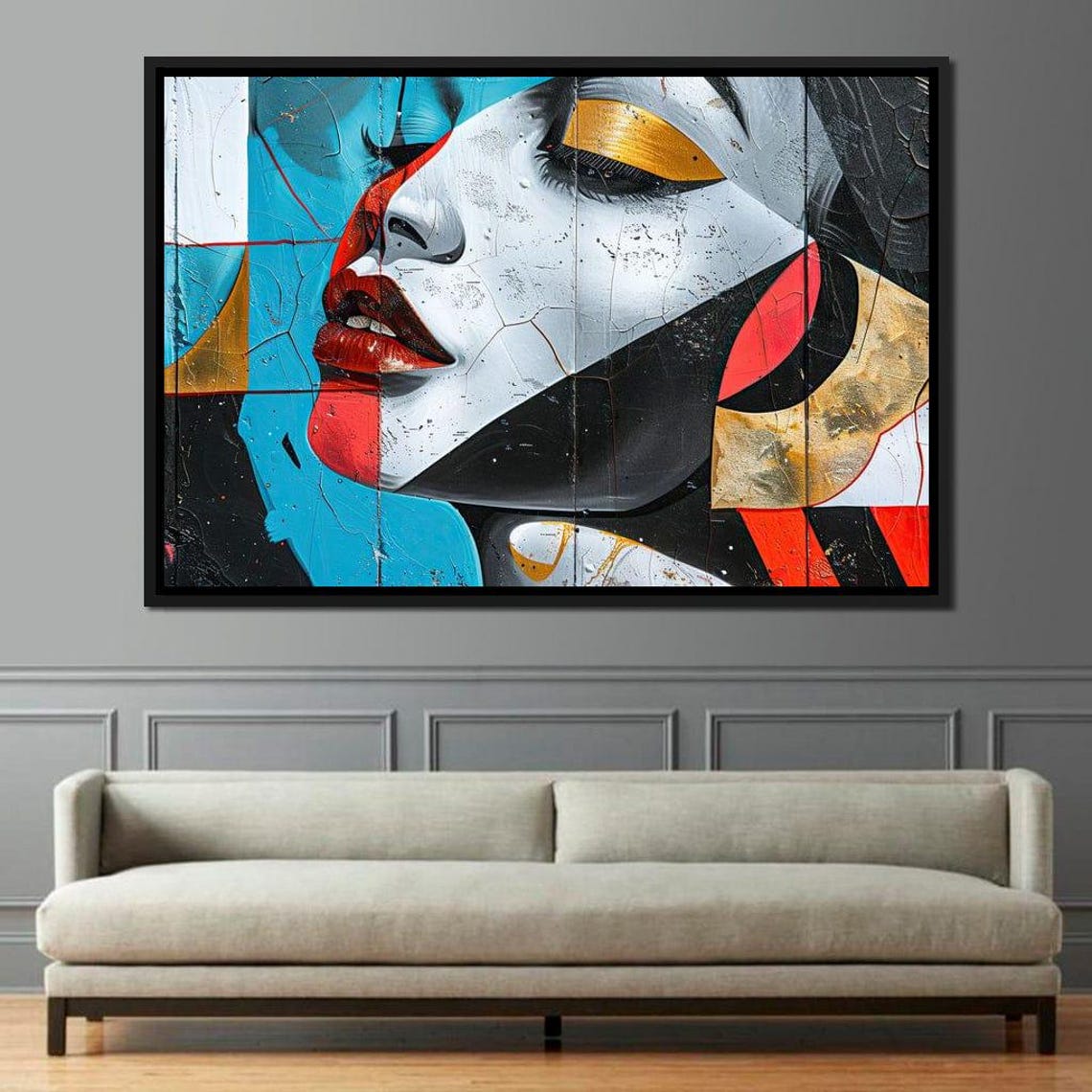 Abstract Blue Red Gold Cubist Woman Face Urban Wall Art Poster - Image 2