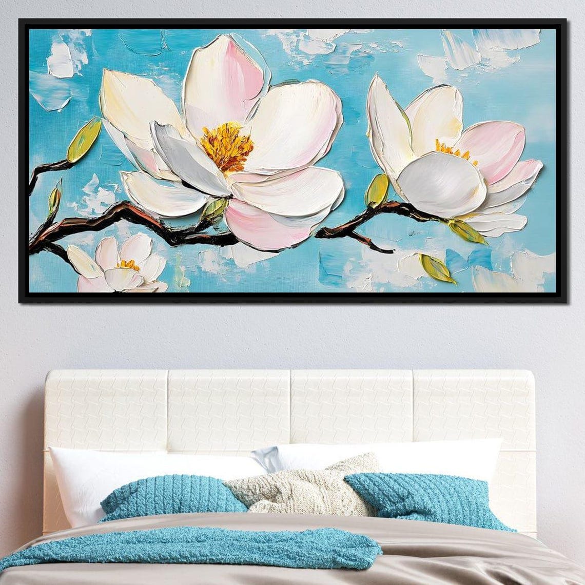 White Magnolia Blossoms On A Bright Turquoise Blue Canvas Poster - Image 3
