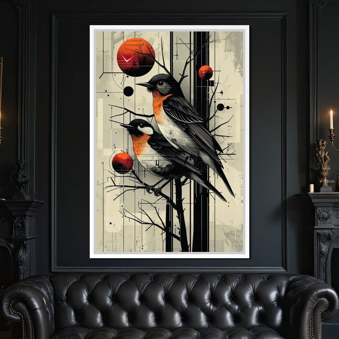 Pair of Robins Bare Branches Modern Abstract Bird Art Poster - Image 2