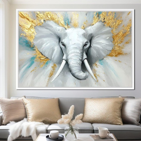 Soft Gray Elephant Head with Gold Leaf on White Framed Poster