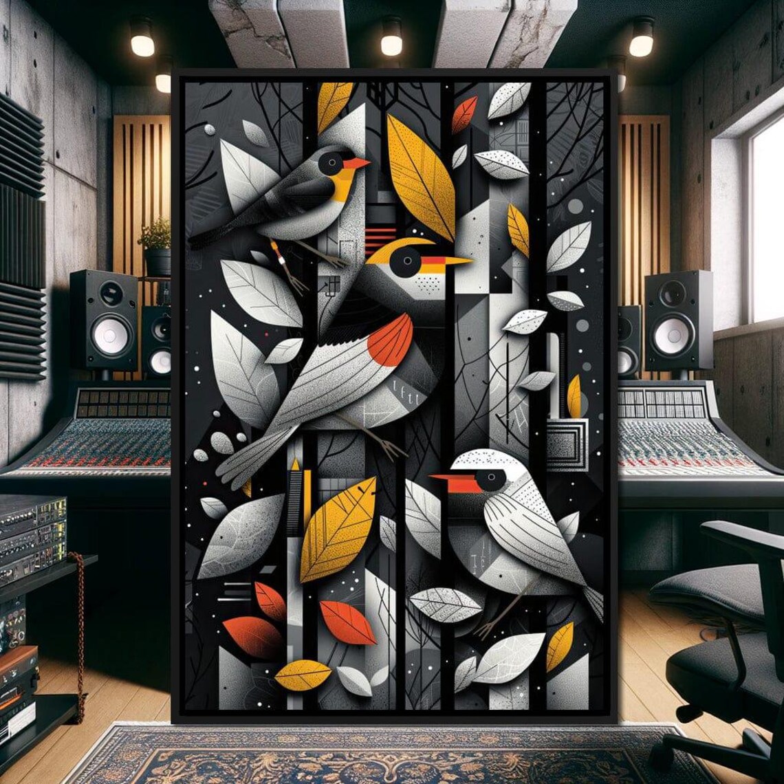 Geometric Birds Autumn Leaves Black White Gold Modern Avian Wall Art - Image 4