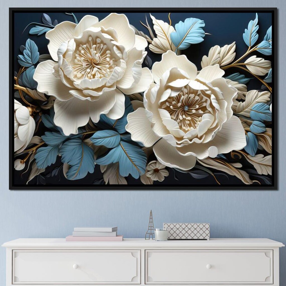 White 3D Peony Paper Flowers Blue Gold Leaves Dark Floral Wall Art - Image 3