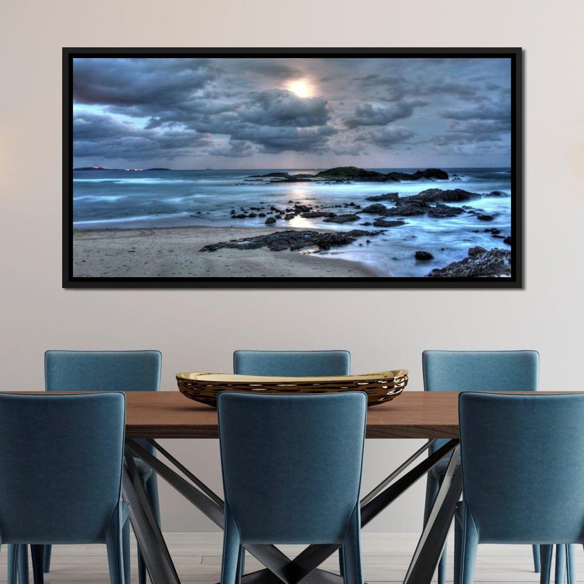 Moonlit Rocky Beach Night Ocean Waves Coastal Seascape Travel Poster
