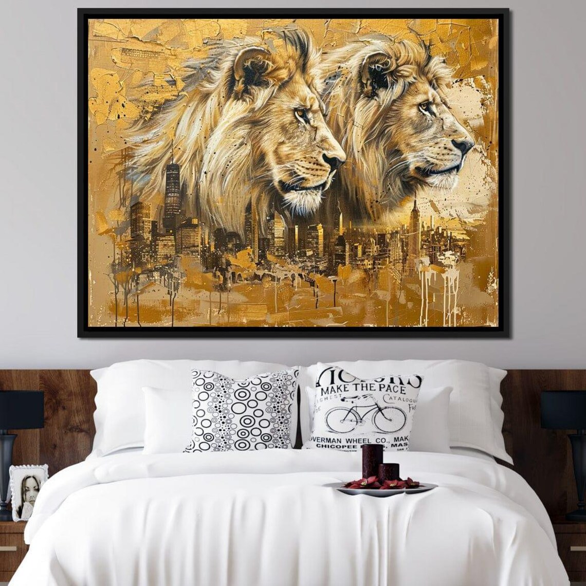 Golden Twin Lions Over City Skyline Majestic Regal Wildlife Urban Art Wall Poster - Image 2