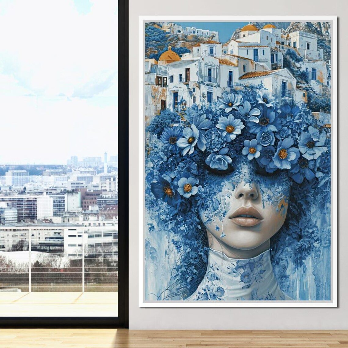 Blue Flowers Woman Portrait White Mediterranean Village Wall Art Print - Image 4