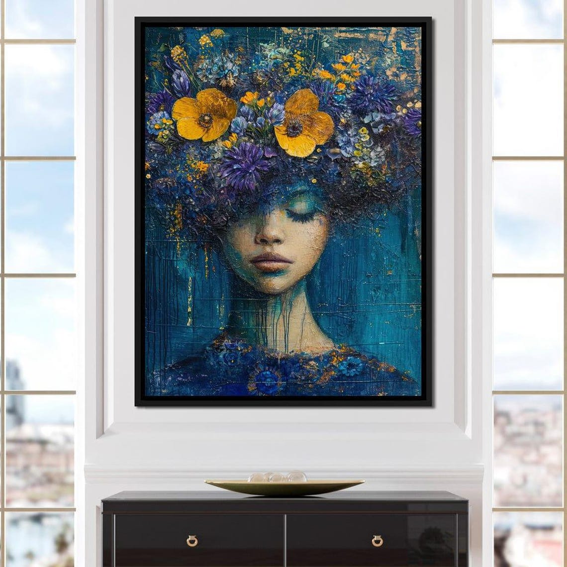 Indigo Floral Dreams Deep Blue Bloom Portrait Surreal Wall Art