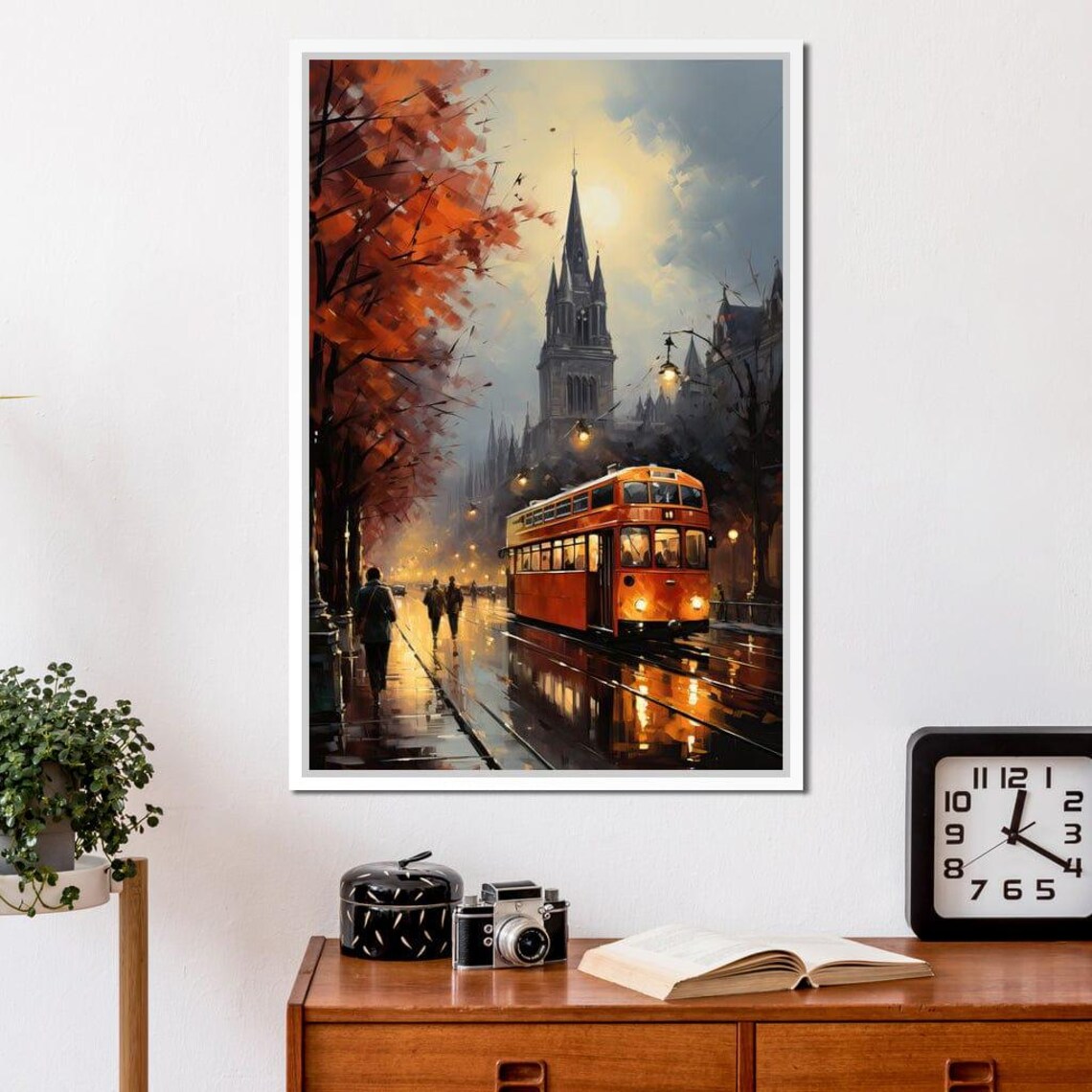 Rainy Autumn Evening Street Red Tram Vintage European City Wall Art - Image 3