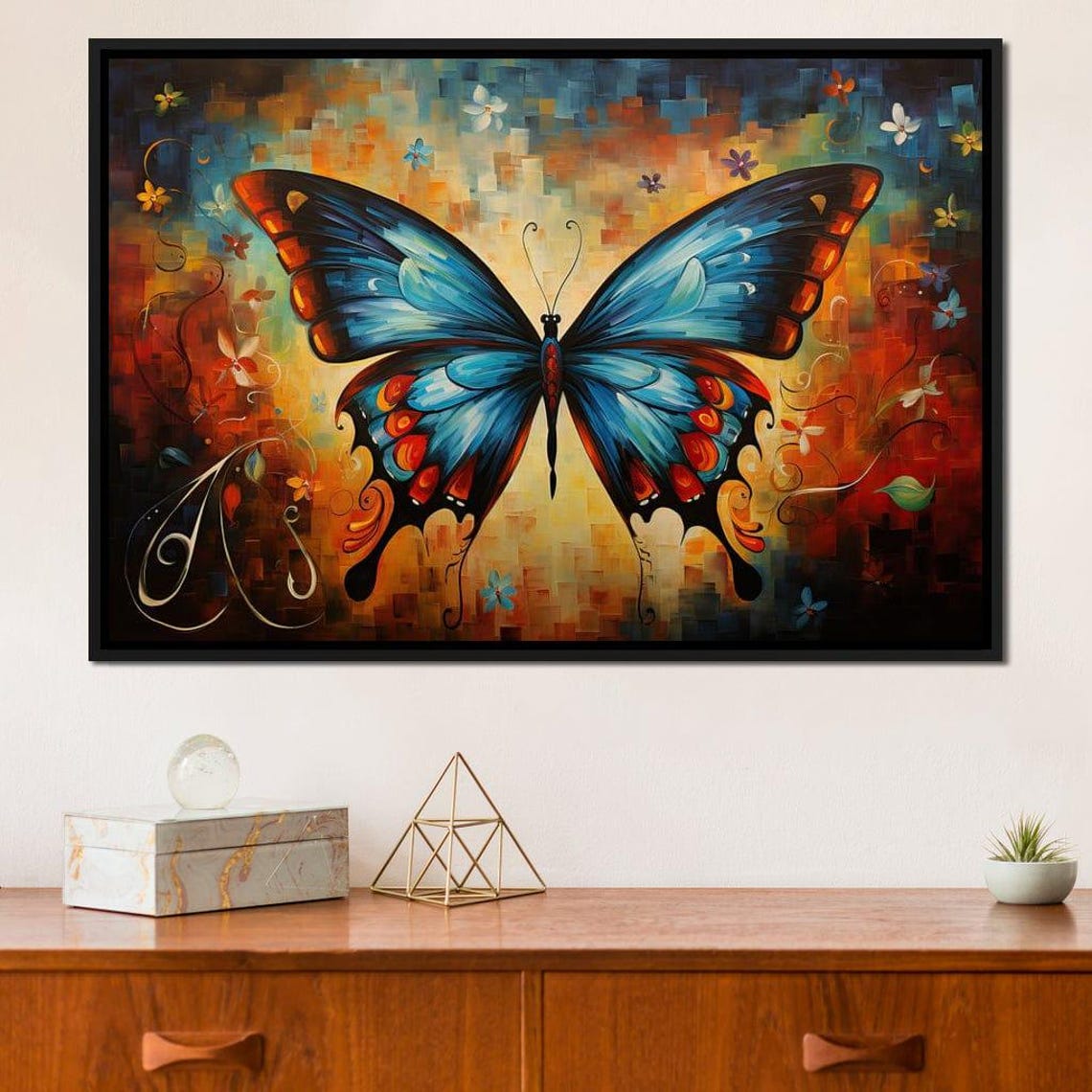 Blue Butterfly Mosaic Floral Background Vibrant Nature Wall Art Poster - Image 3