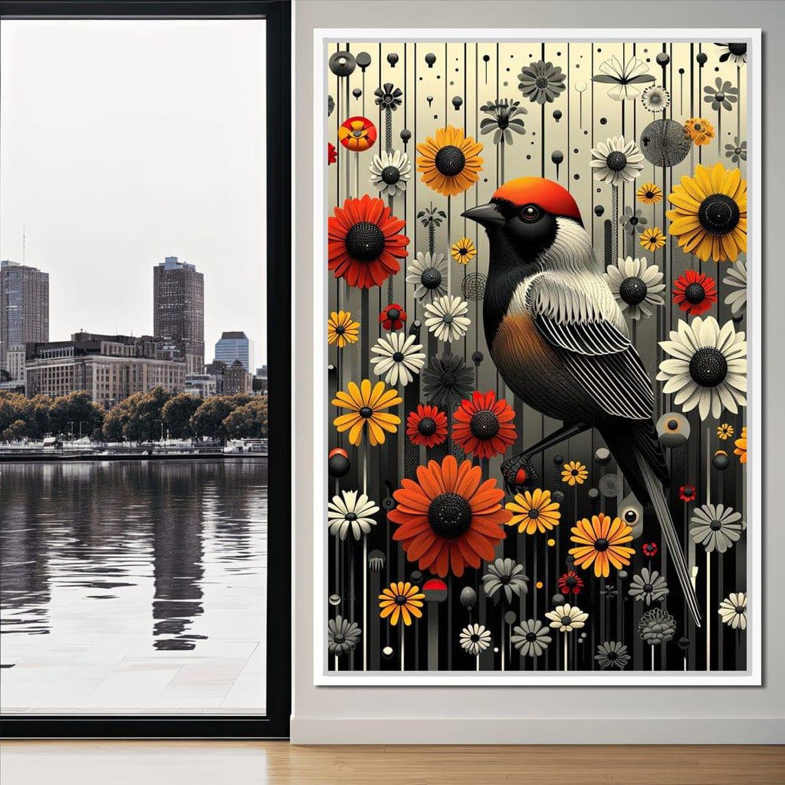 Songbird Among Daisies Modern Floral Bird Art Print Botanical Decor - Image 2
