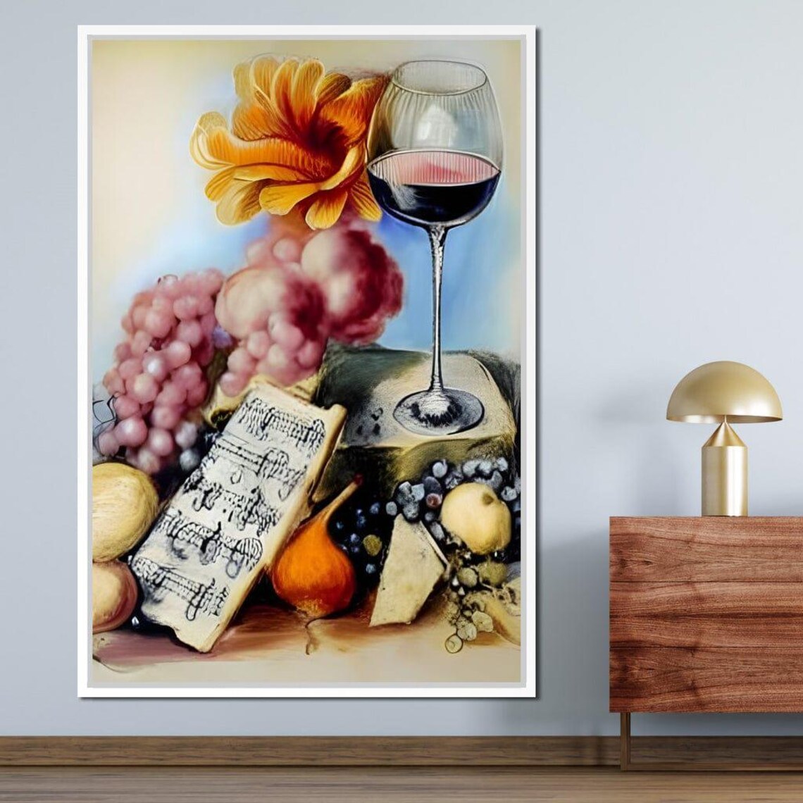 Red Wine Glass Sheet Music Fruit Still Life Classic Oil Print - Image 2