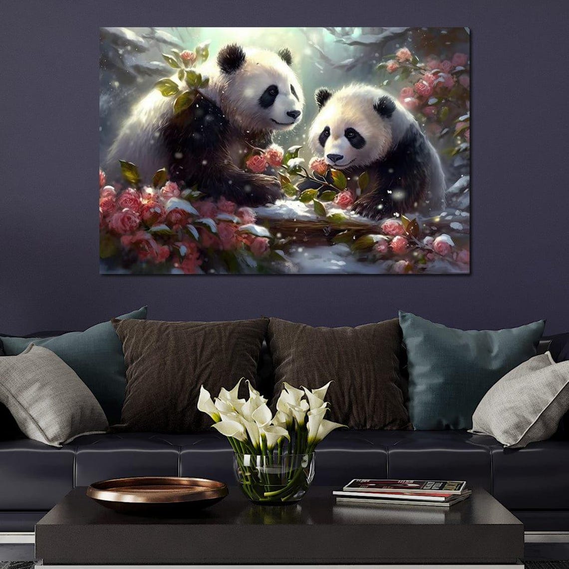 Cute Pandas Winter Blossoms Five Piece Split Canvas Kids Room Poster - Image 3