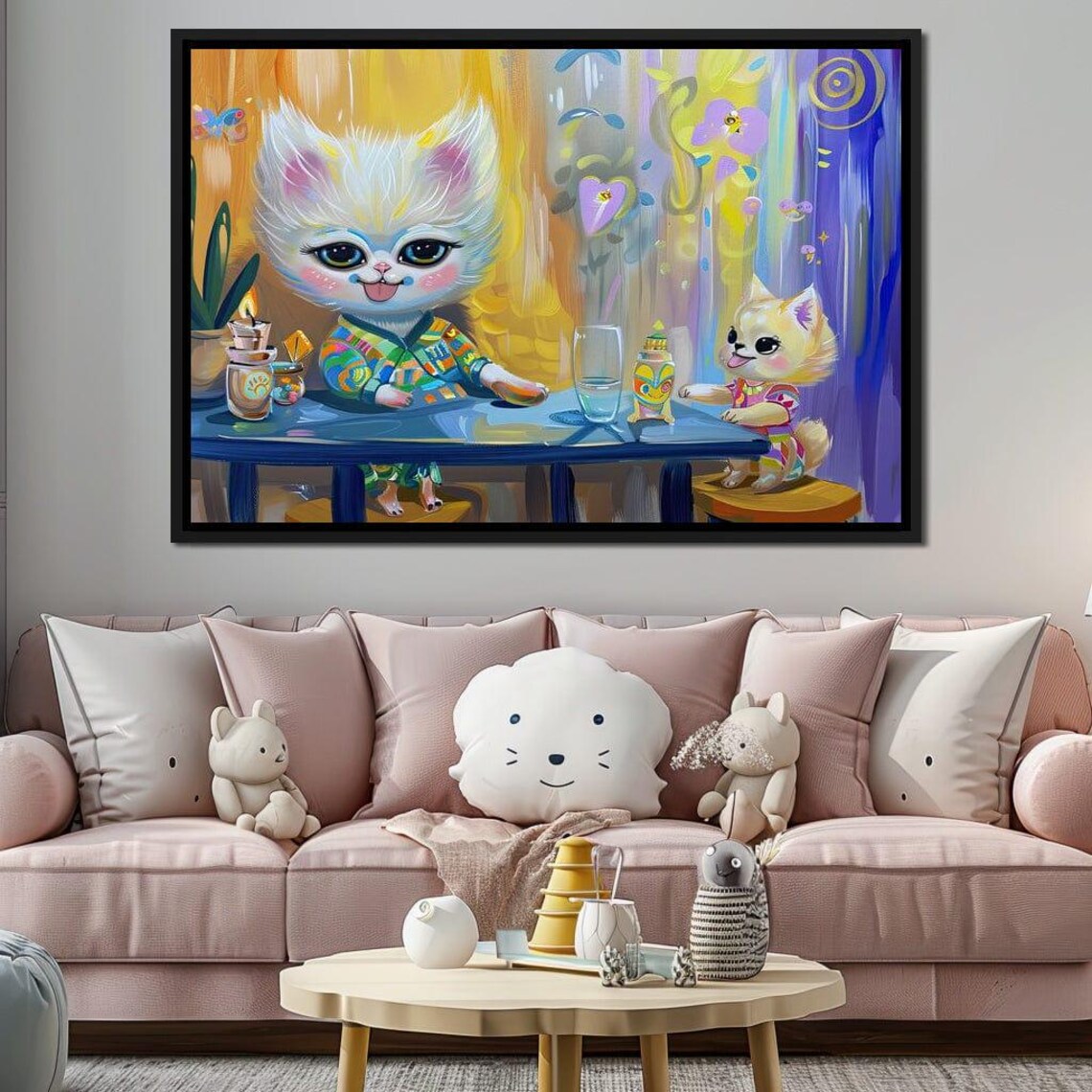 Playful White Kitten Blue Table Party Colorful Kids Room Wall Art Poster - Image 4