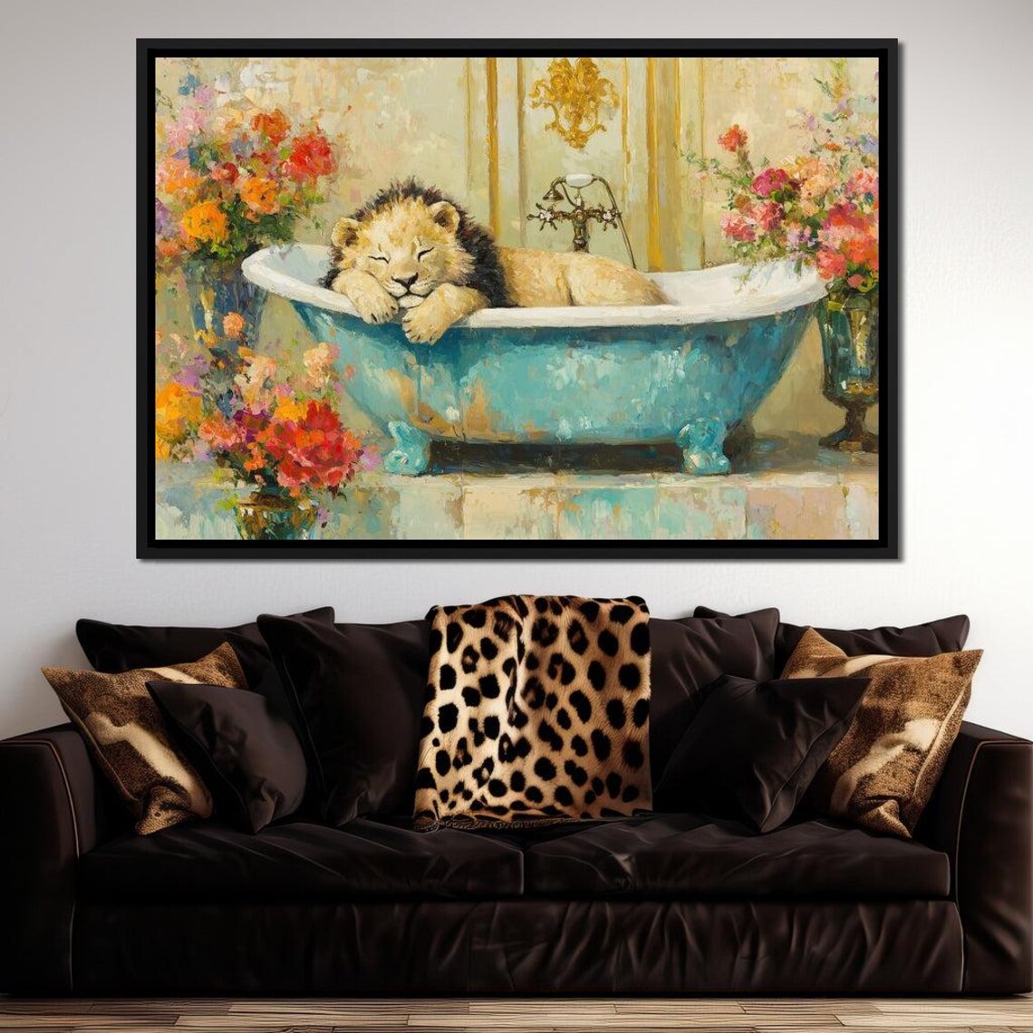 Sleepy Lion Relaxing In Blue Bathtub Floral Whimsical Animal Wall Print - Image 2