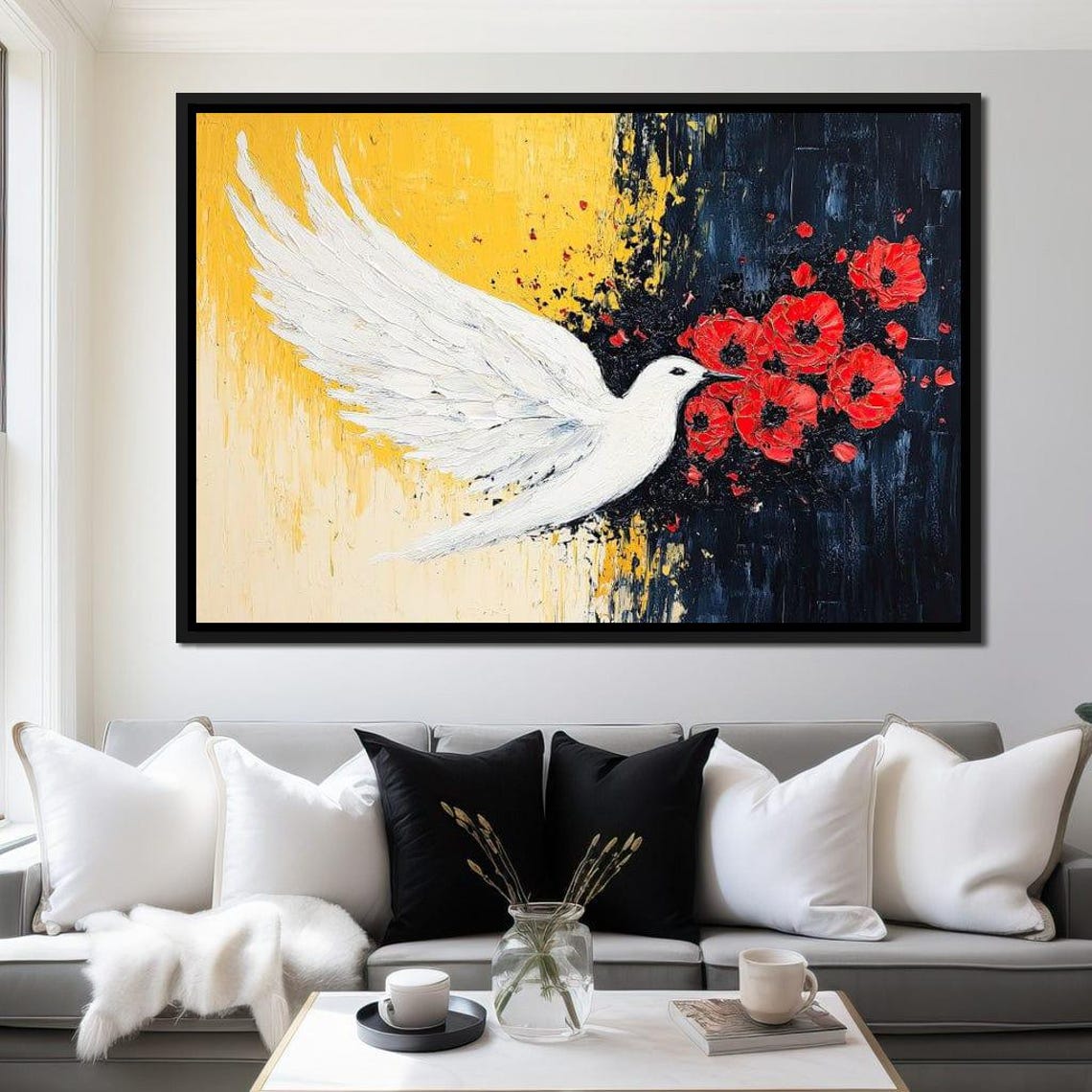 White Dove Red Poppies Yellow Black Bold Flight Impasto Bird Poster - Image 3
