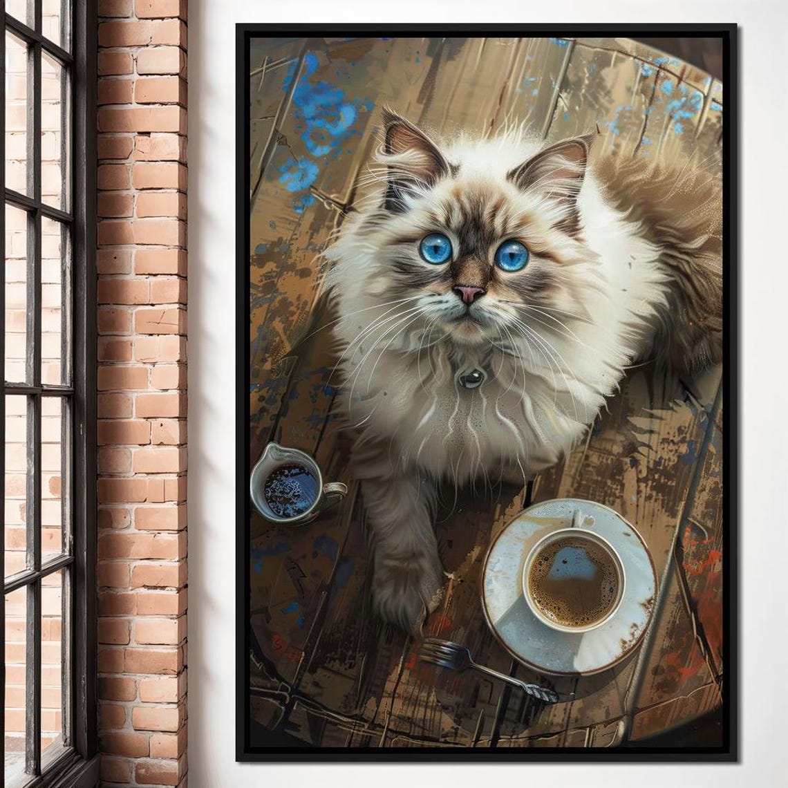 Blue Eyed Fluffy Cat Coffee Table Cute Kitty Portrait Rustic Wall Art - Image 4